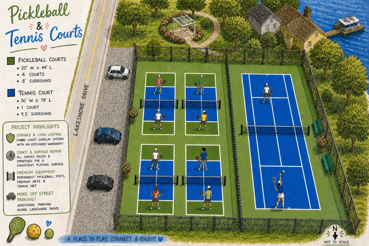 Detailed plan view of the new tennis and pickleball court layout at Gate 1