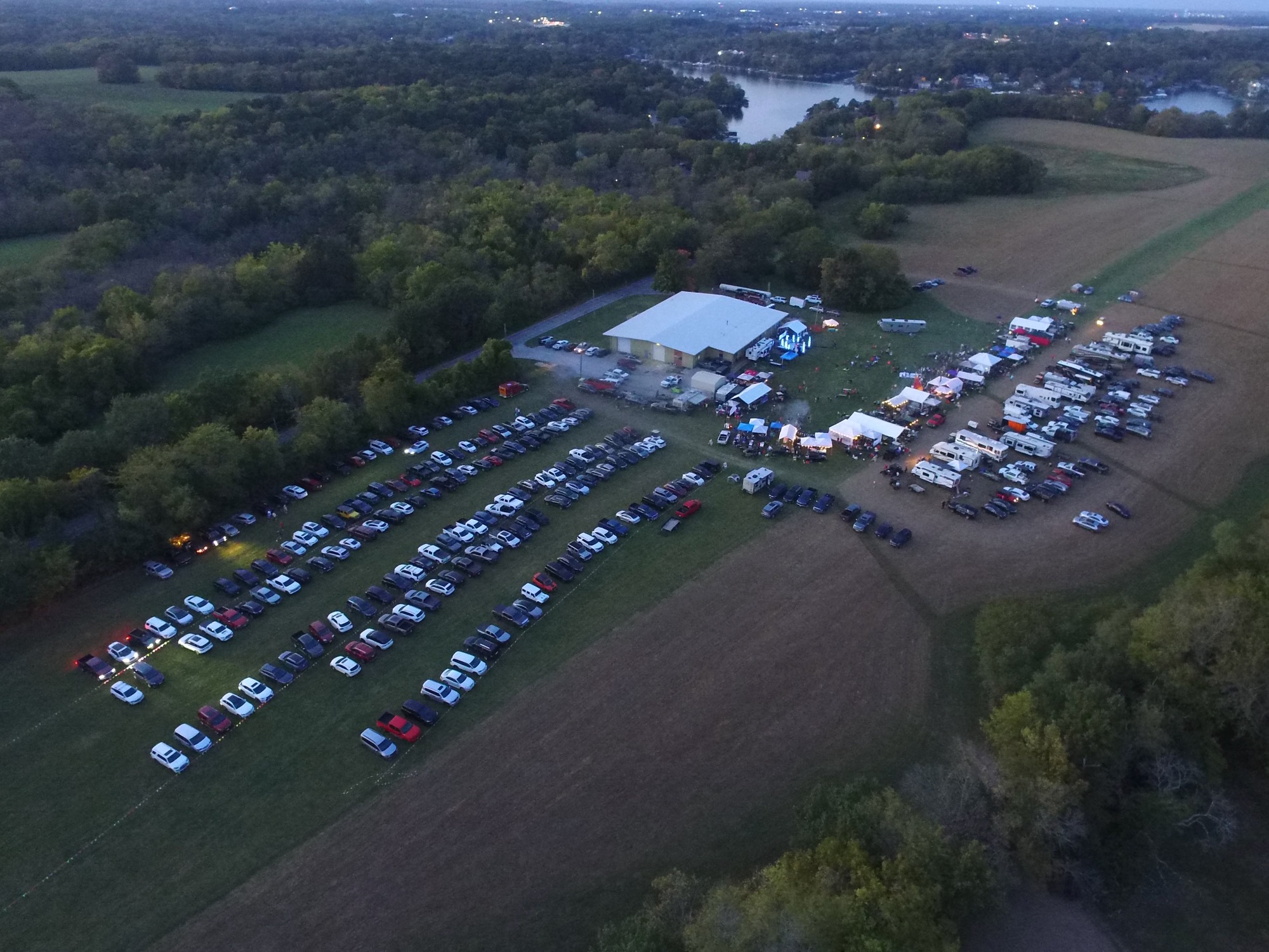 Wide aerial view of Lotasmoke competition on the airfield